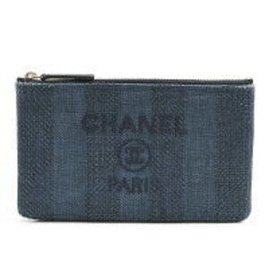 Chanel Deauville logo pouch clutch bag Navy Blue straw lining